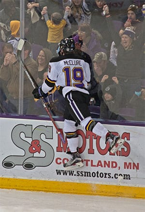 Mankato's Brad McClure celebrates the first of his two goals on the night.